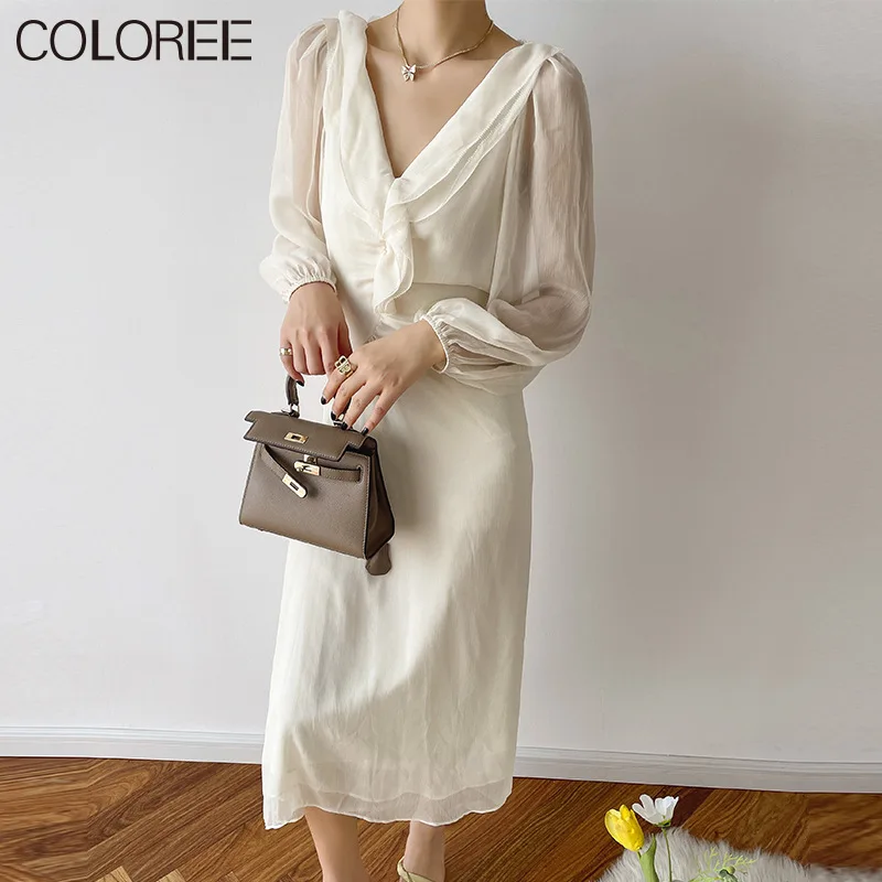 

Korean Elegant V-neck Ruffles Long Sleeve Midi Dresses for Women 2022 Spring Fashion Ladies Office Dress Vintage Vestido