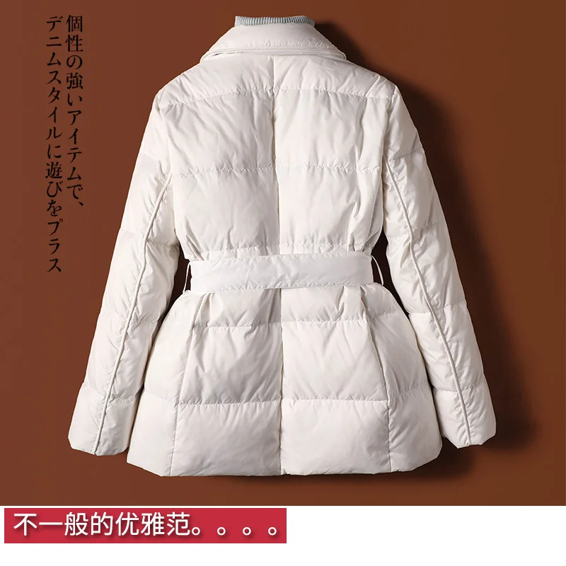 Fashion Design New Thin 90% White Duck Down Jackets Coat Luxury Winter Belt Slim Adjustable Waist Spliced Abrigos Mujer Invierno