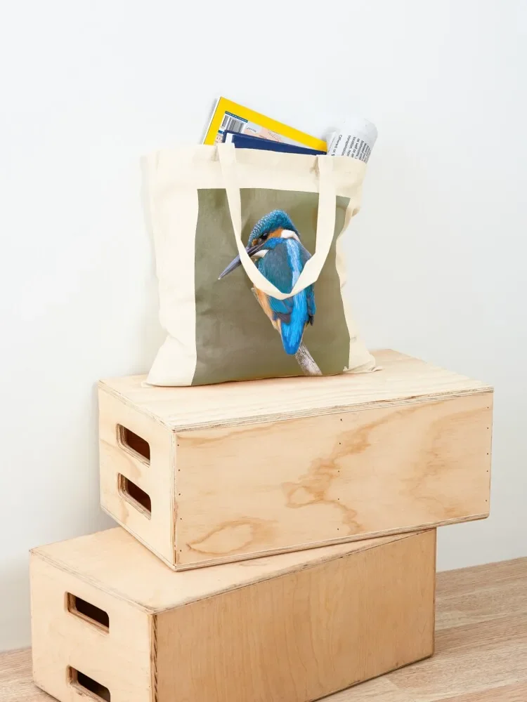 забавный синий зимородок сидит на ветке.. Большая сумка Холщовая ручная сумки для