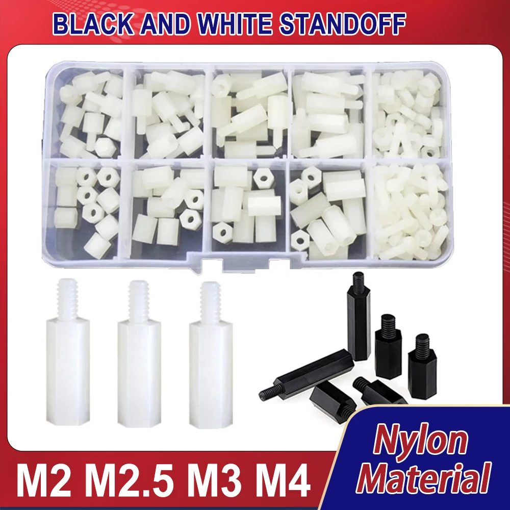

M2 M2.5 M3 M4 Hex Nylon Standoff Spacer Sets Black White Column PCB Motherboard Bolt Plastic Spacing Screws Nuts Assortment Kit