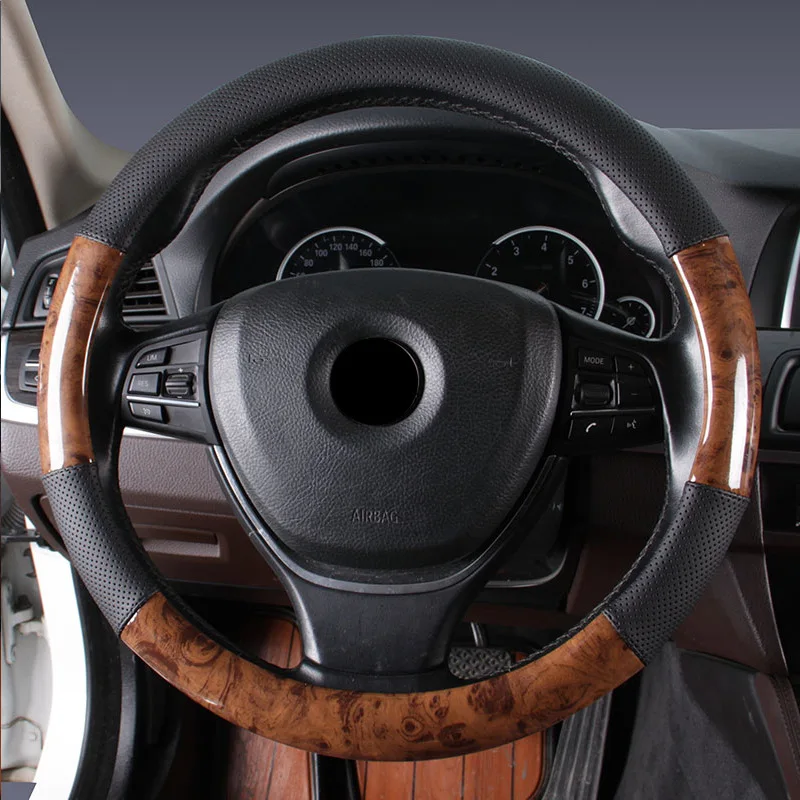 

Wood Grain Car Steering Wheel Cover PU Leather Luxury Universal Auto Steering Wheel Protector 38CM/15" Anti-Slip Breathable 2021