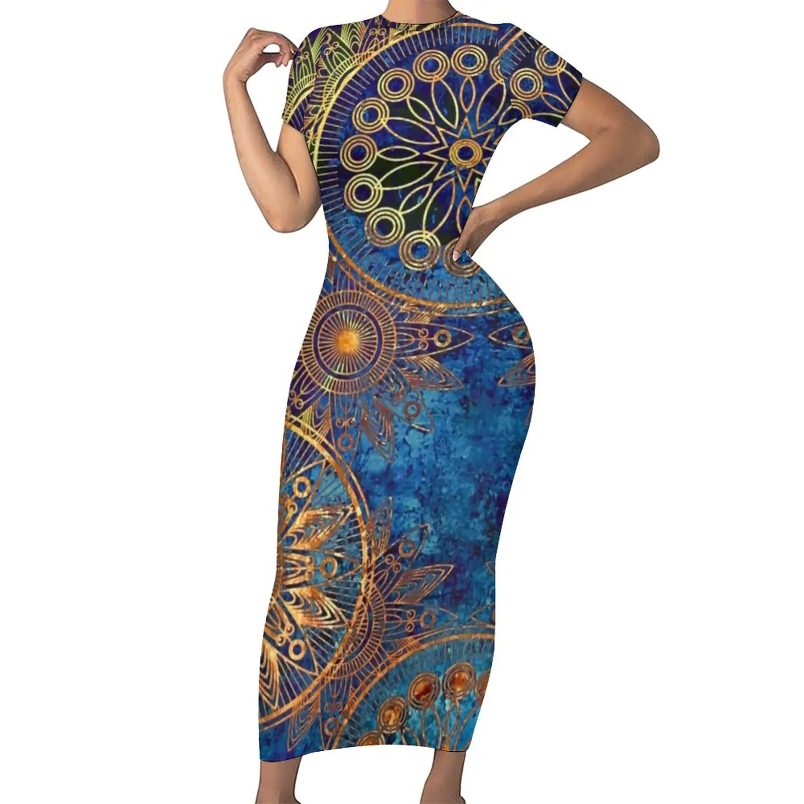 

Женское облегающее платье в стиле стимпанк Celestial, Синие сексуальные Макси-платья, весеннее уличное модное платье с коротким рукавом и графическим рисунком