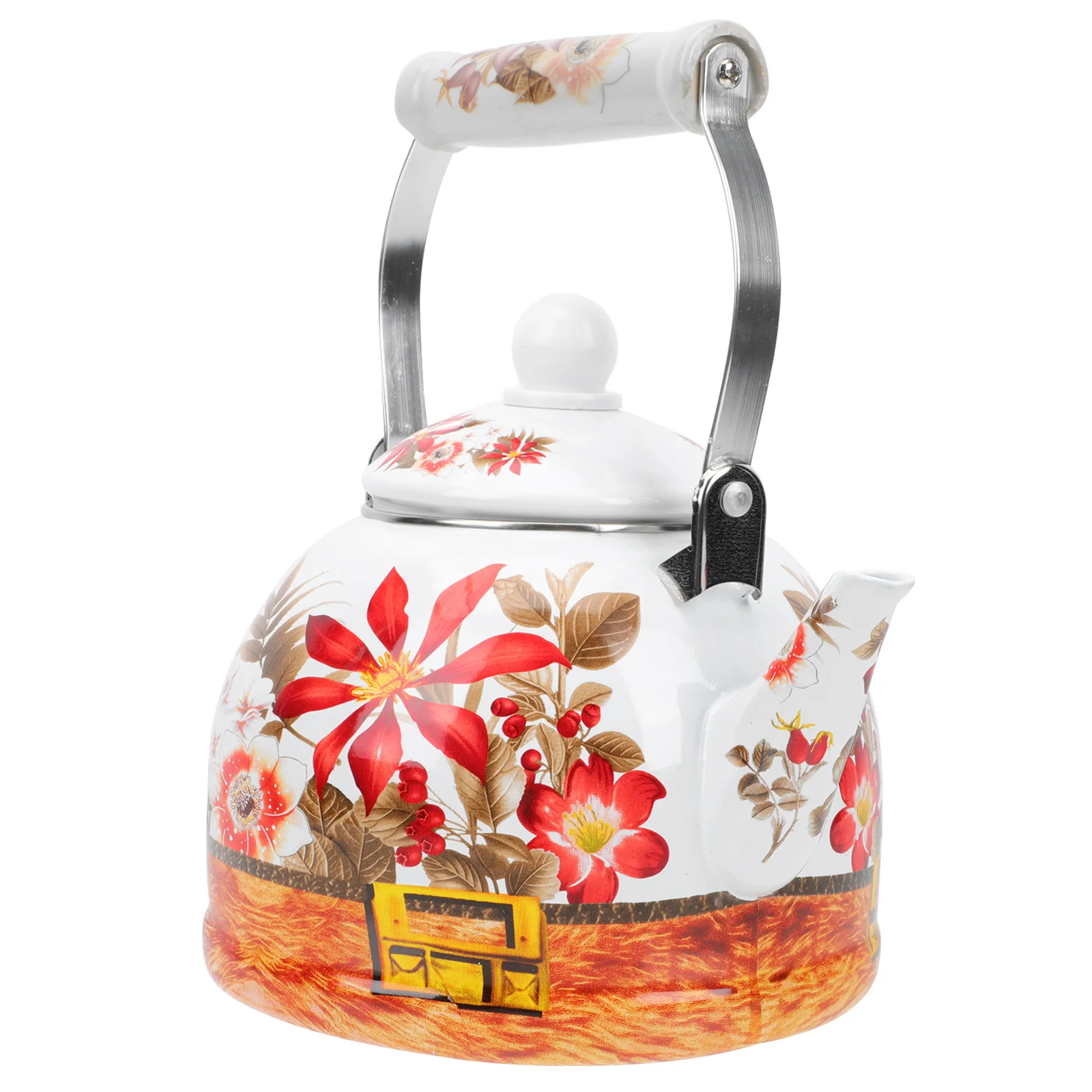 

Tea Kettle Enamel Holder Stovetop Kettles Heating Handheld Pot Vintage Teaware Floral Water Boiling