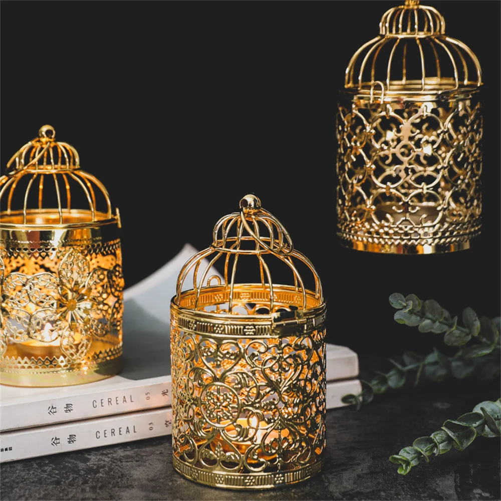 

Household Luxury Style Candle Holder Home Decoration Table Ornament Electroplated Hollow Metal Crafts Birdcage Candlestick