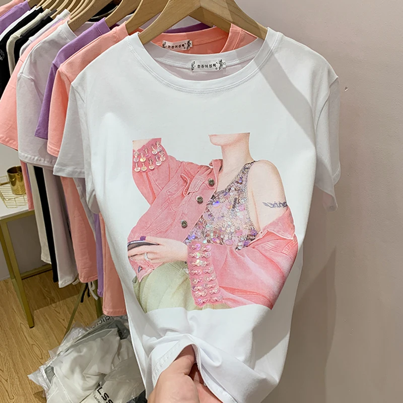 

Sequined Print T Shirt Women Camisetas De Mujer 2022 Summer Korean Fashion T-Shirts Short Sleeve Woman Clothes Tee Shirt Femme