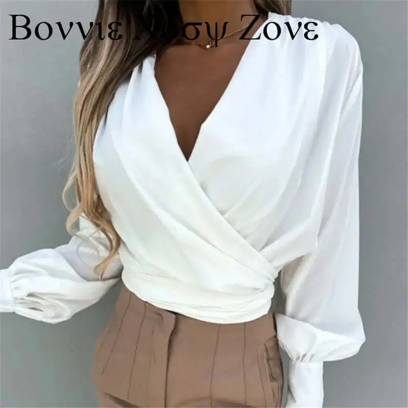 

Women Solid Color Autumn V-Neck Lantern Sleeve Ruched Wrap Top Button Elegant Blouses