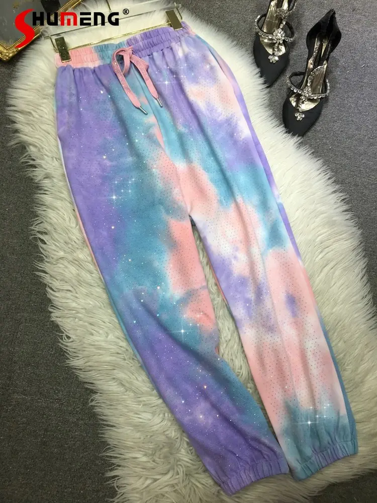 

Heavy Embroidery Hot Drilling Sweatpants Women's Gradient Color Tie-Dyed Slimming Track Pants Casual Spring Summer New Pants