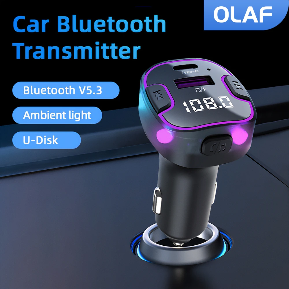 Автомобильный Bluetooth V5.3 FM-передатчик Olaf, автомобильное зарядное устройство USB Type-C, быстрая зарядка, красочный автомобильный комплект громкой связи, MP3-плеер с поддержкой U-диска