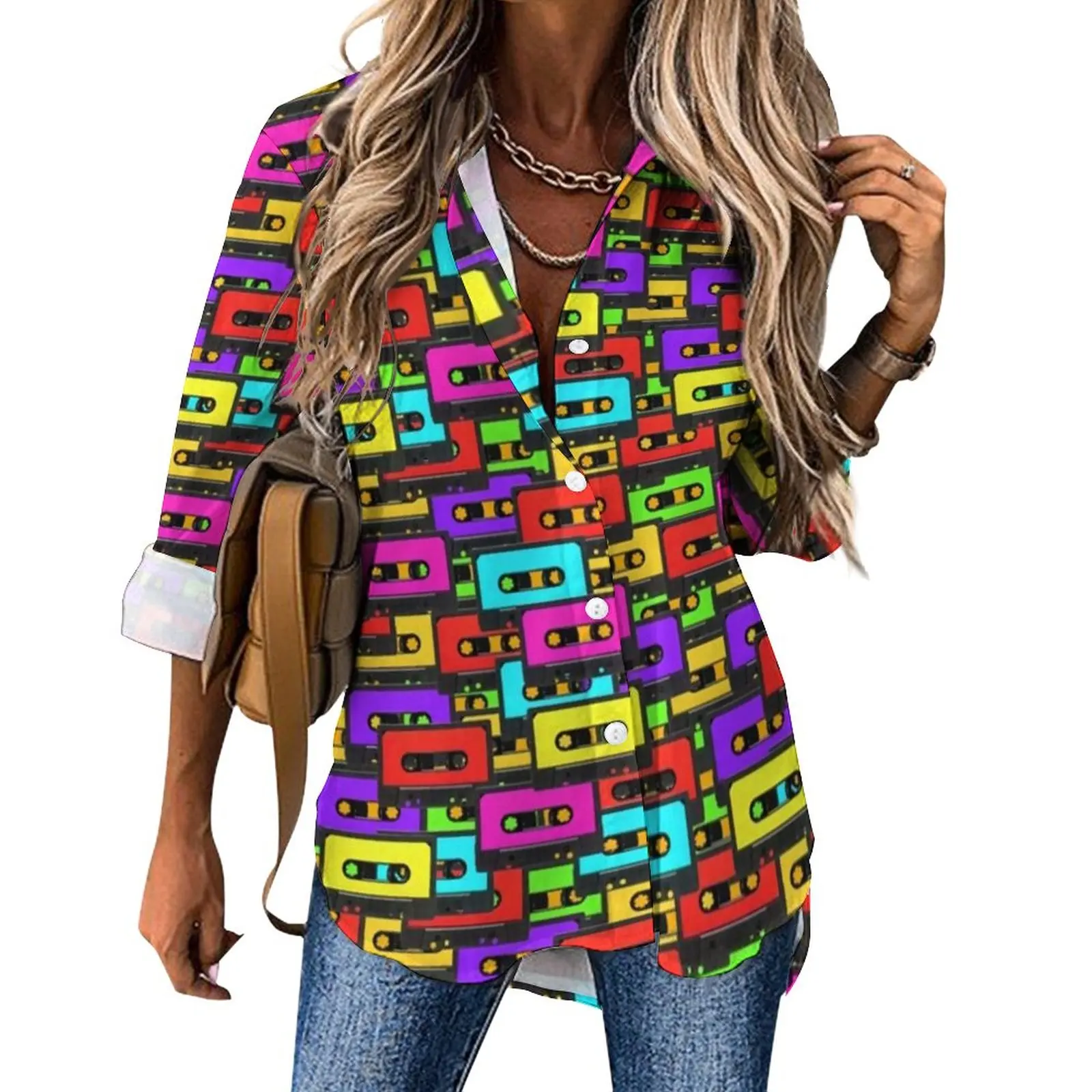 

Music Loose Blouse Colorful 80s Audio Tapes Basic Oversized Blouses Women Long-Sleeve Modern Shirts Summer Design Clothing