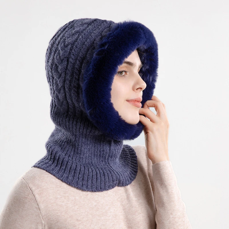 

Зимняя теплая шапка для женщин уличная плюшевая вязаная женская мягкая меховая шапка с защитой шеи и ушей