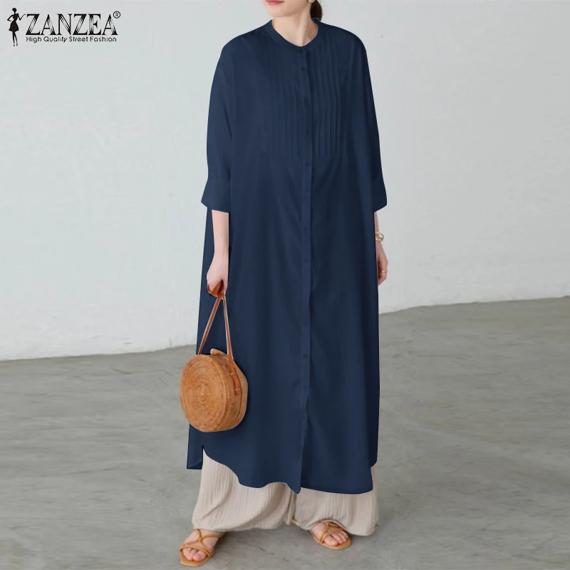 

ZANZEA Spring Women 3/4 Sleeve Solid O-Neck Dress Button Cuffs All-Match Shirtdress Holiday Casual Elegant Loose Kaftan Robe