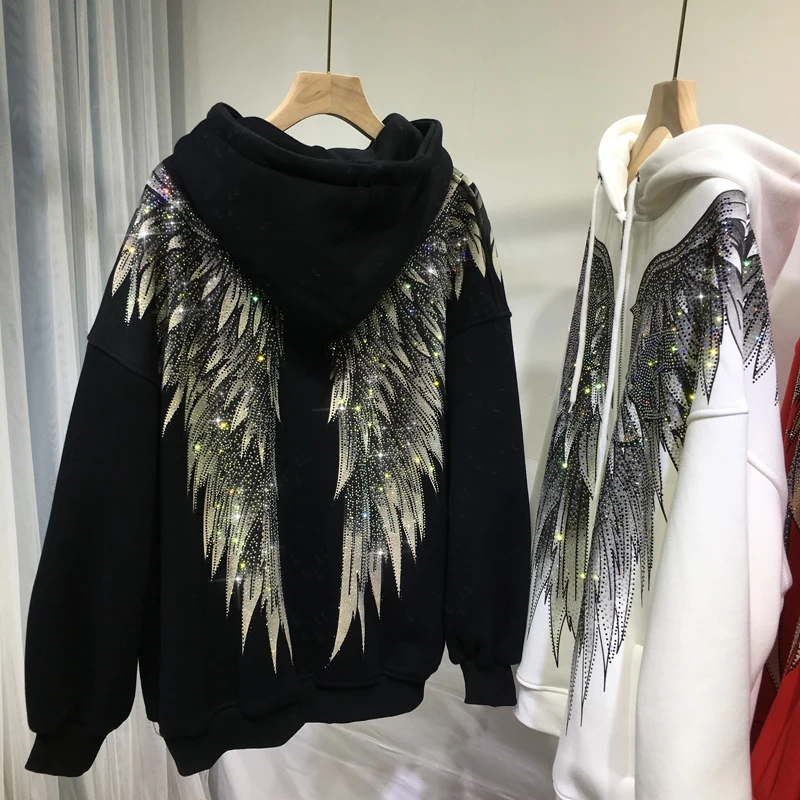 Luxury Big Wings Hot Drilling Women Jacket Coat 2022 New Autumn Loose Hooded Tops Mid-length Streetwear Long Sleeve Sweatshirt