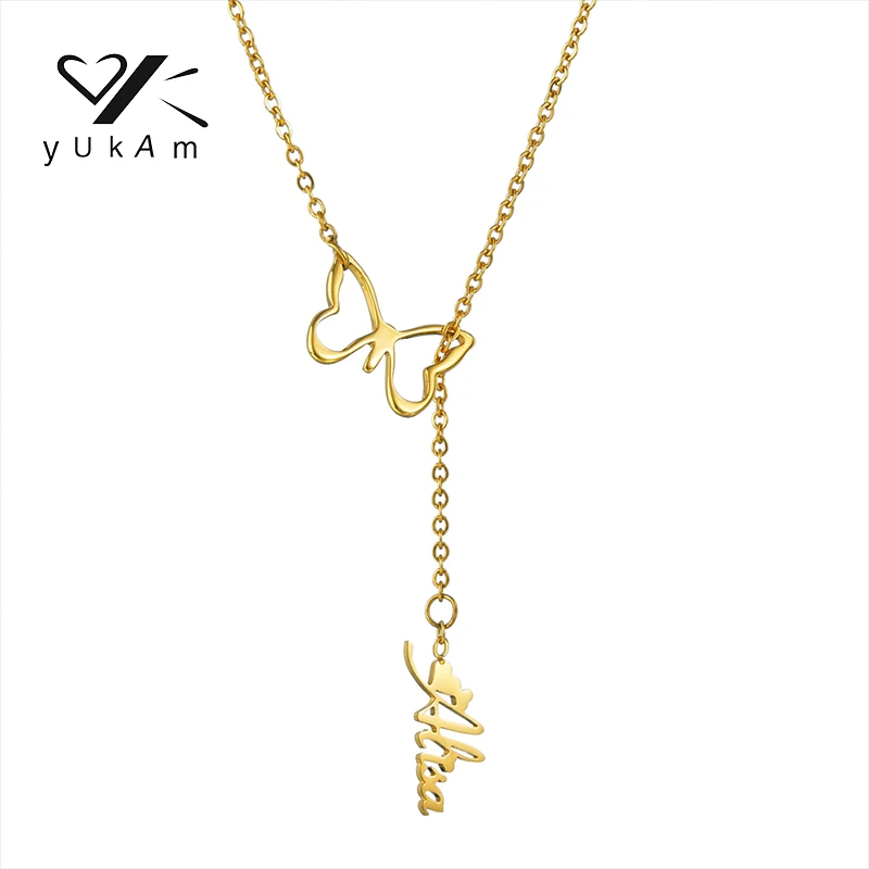YUKAM Butterfly Pendant Necklace Steel Necklaces Women Stainless Chokers Special Customized Gifts Name Chain Free Shipping Woman