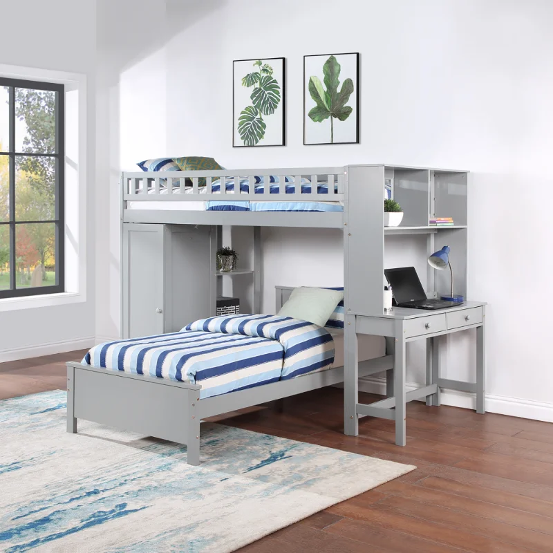 

[Flash Deal]Double Loft Bed with Closet and Desk King Size Double Bed Children's Bed Up and Down Simple Style Very Comfortable