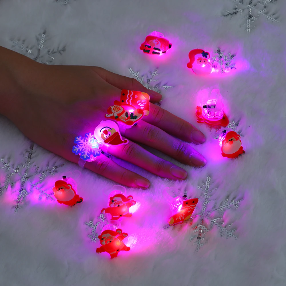 

10pcs Christmas Glow Ring Badge Santa Claus Bear Deer LED Christmas Gifts For Girls Flash Finger Light Colorful Badge Kids Gifts