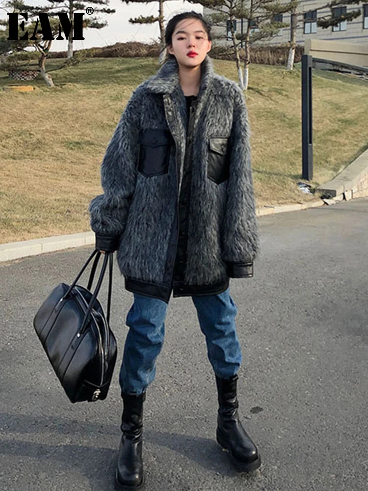 

[EAM] свободное серое кожаное пальто большого размера, толстое теплое шерстяное пальто, парки, новая женская мода с длинным рукавом, Осень-зим...