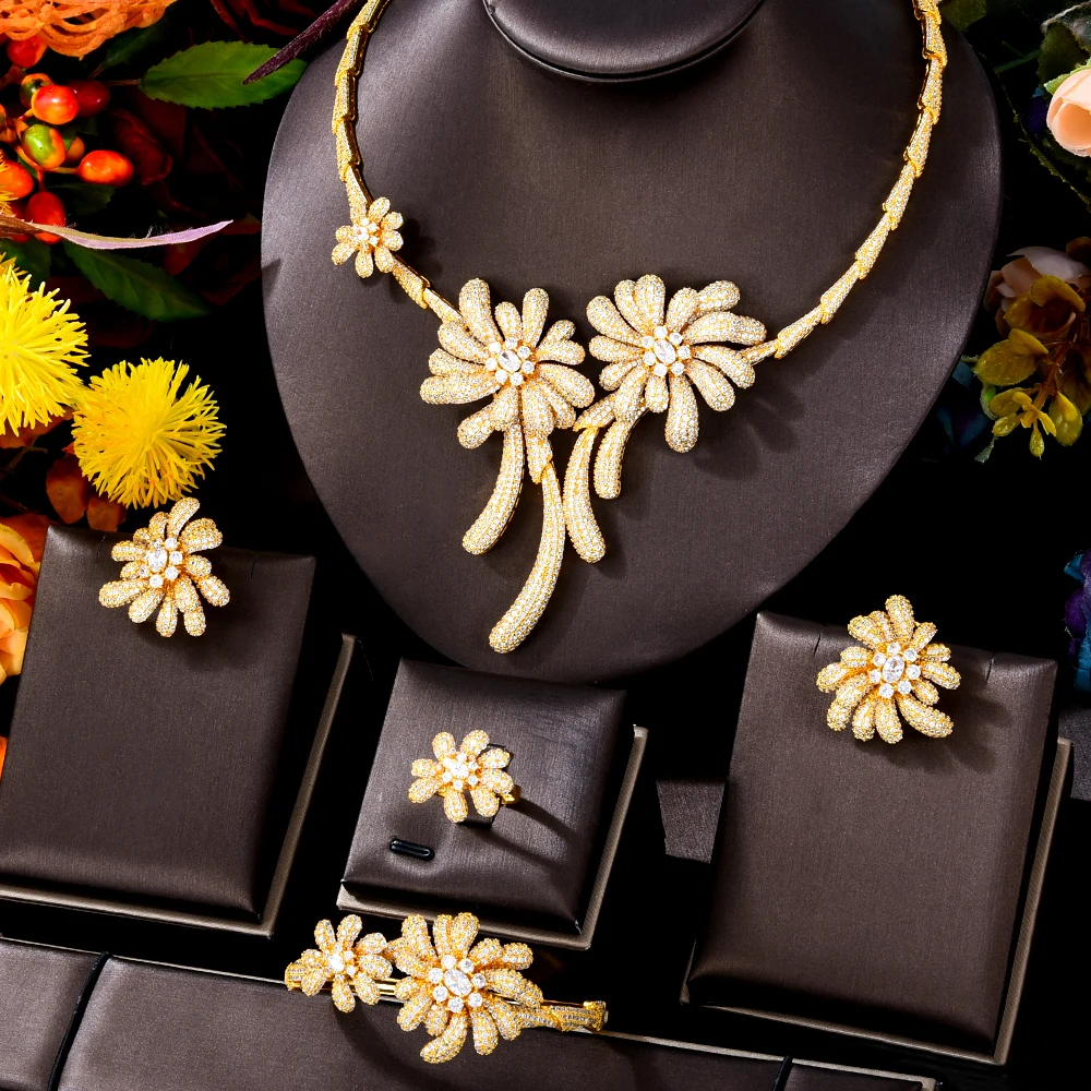 

Soramoore NEW Fashion 4PCS Luxury Flowers Africa Jewelry Set For Women Wedding Party Cubic Zirconia Dubai Bridal Jewelry Indian