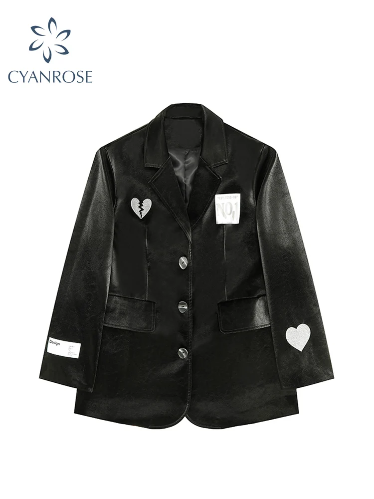 Женская куртка из ПУ кожи черная Свободная с длинным рукавом на пуговицах