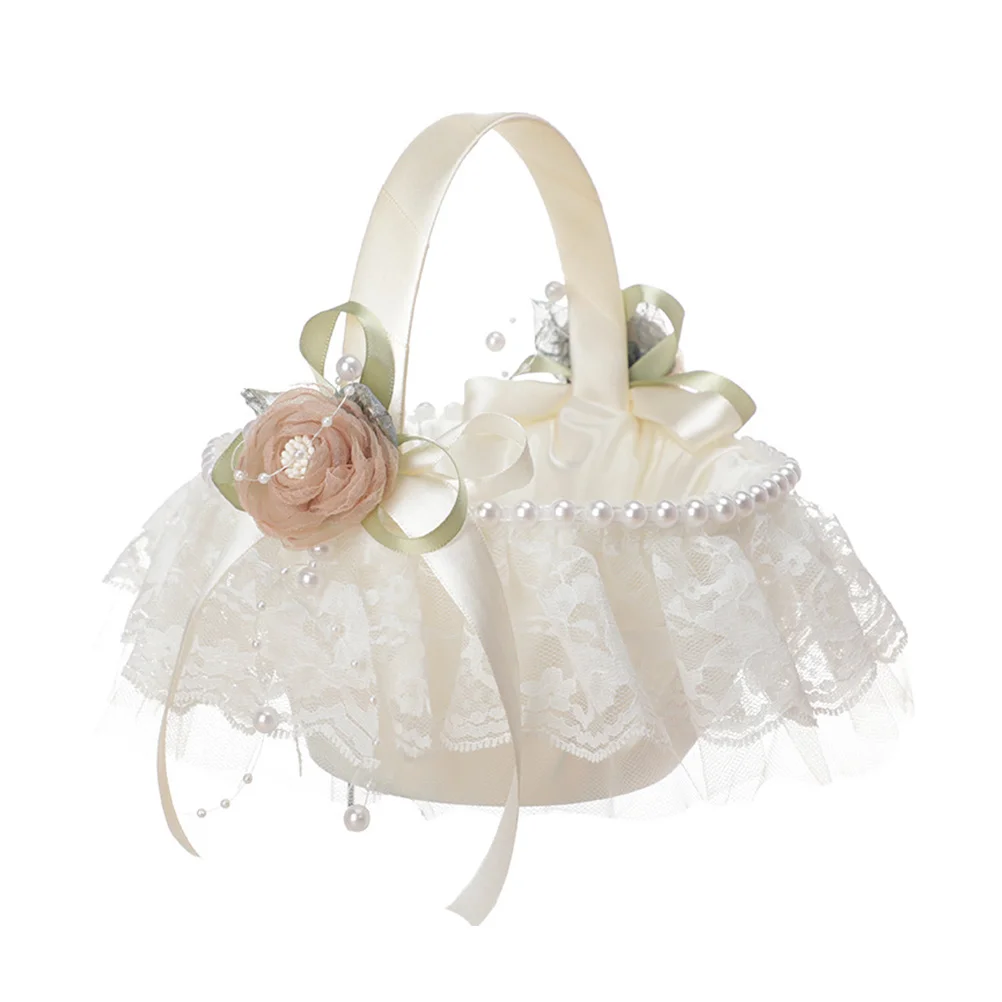 

Basket Flower Girl Wedding Baskets For Lace White Weddings Handle Satin Bowknot Rustic With Small Rhinestone Pearl Gift Petal