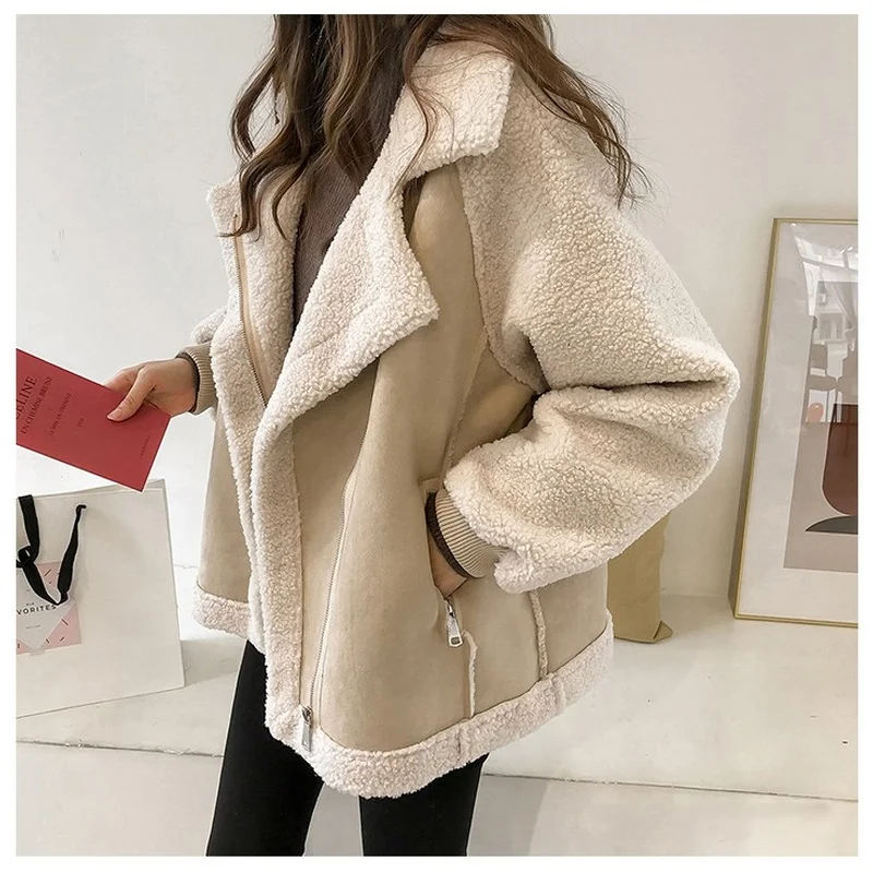 2021 Autumn New Women Winter Faux Fur Suede Jackets Coat Thicken Warm Lambswool Teddy Coats Ladies Loose Oversized Outwear Tops