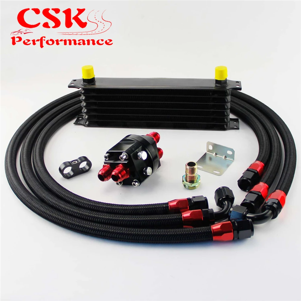 

7 Row 262mm AN10 Universal Engine Transmission Oil Cooler Trust Type + Filter Adapter Kit Silver/Blue/Black