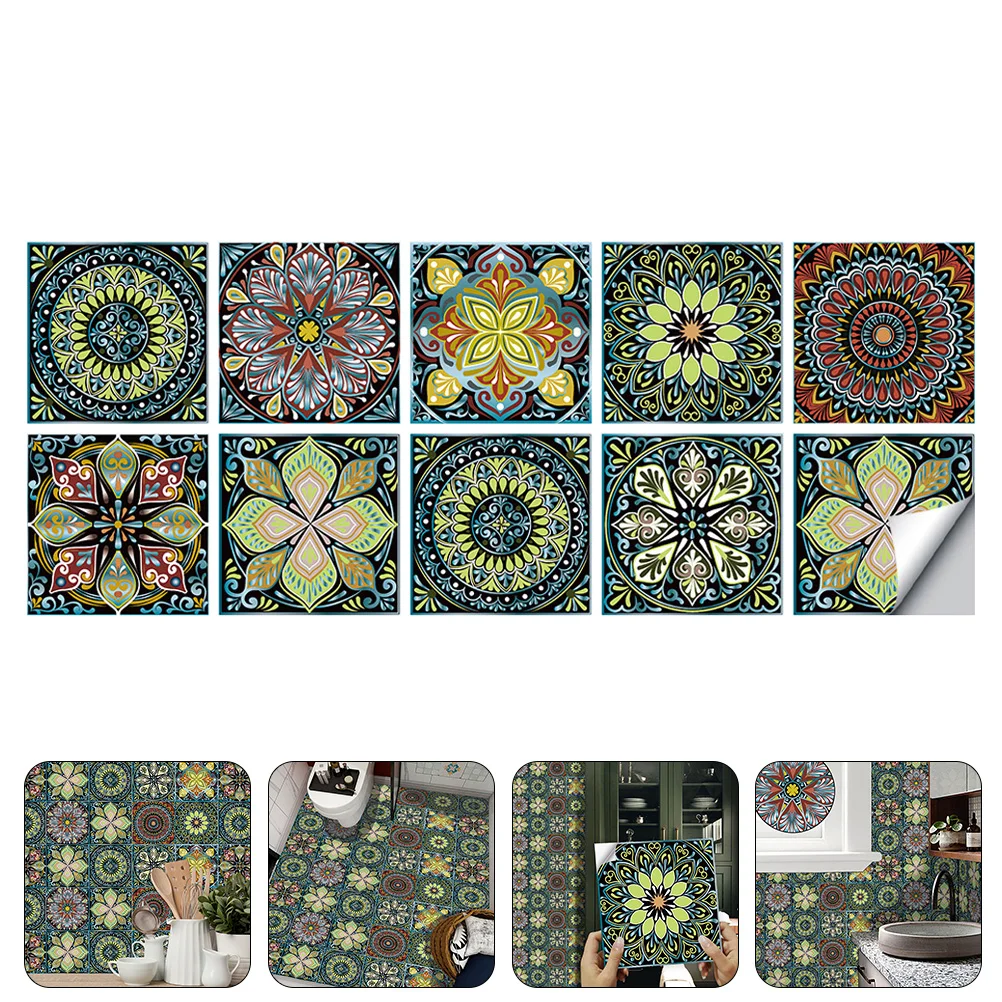 

10 Sheets of Mandala Style Tile Sticker Household Self-adhesive Tile Sticker Removable Mural Decal