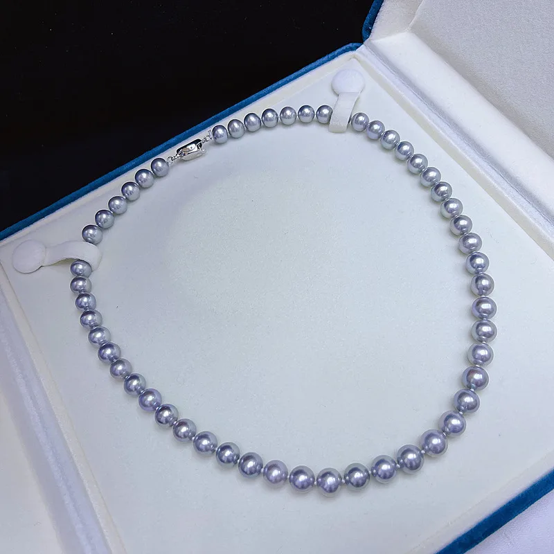 

Temperament 8-9mm Silver Gray Pearl Necklace Japanese Seawater Akoya Pearl Necklace Chains for Jewelry
