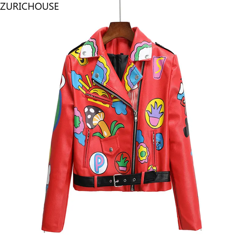Enlarge Cropped Leather Jacket Women Streetwear Fashion Cartoon Contrast Printing Faux Leather Motorcycle Coat Tops косуха женская