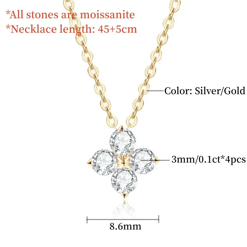 0.4cttw D Color Clover Necklace Pendants for Women S925 Sterling Silver 18K Gold Plated Neck Chain Classic Fine Jewelry
