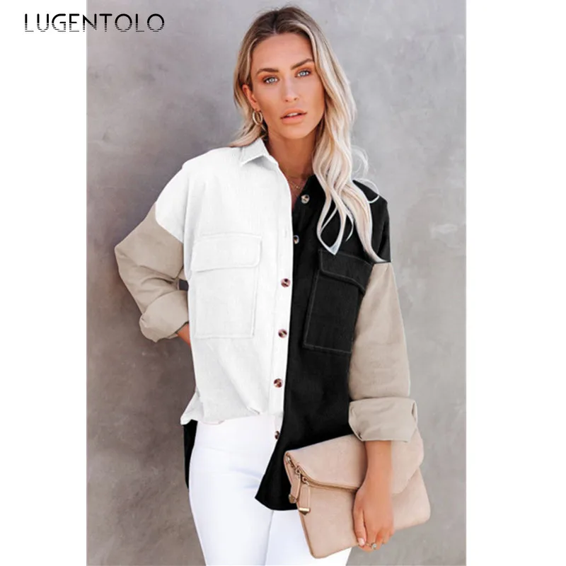 

Женская Вельветовая рубашка с длинным рукавом, однобортная Свободная рубашка с воротником с цветными блоками, повседневная Осенняя рубашка Spriung с двумя карманами