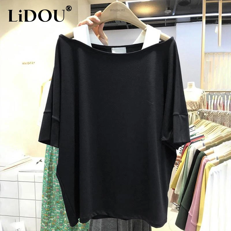 

Korean Style Summer Oversize Women's Clothing Round Neck Off Shoulder Hollow Out Sling Fake Two Pieces Tops Women Loose T-shirt