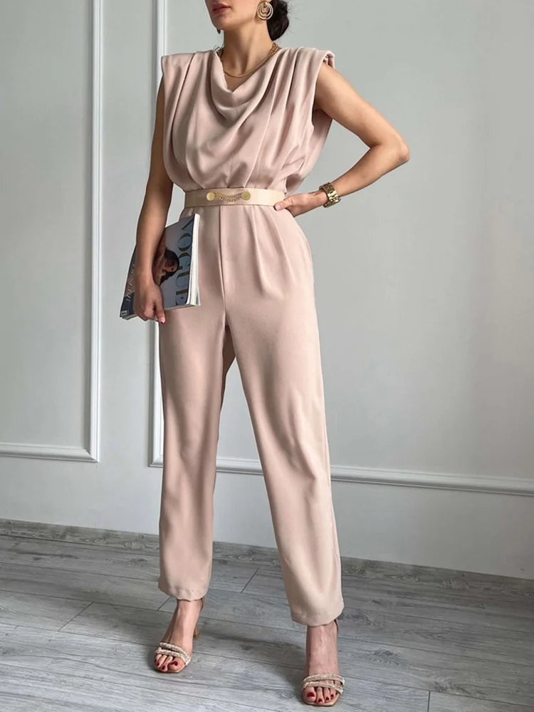 

Women's Overalls Black Sleeveless Pleated Jumpsuit Hot Style Quality Fabric Sleeveless Baggy Trousers Casual Jumpsuit