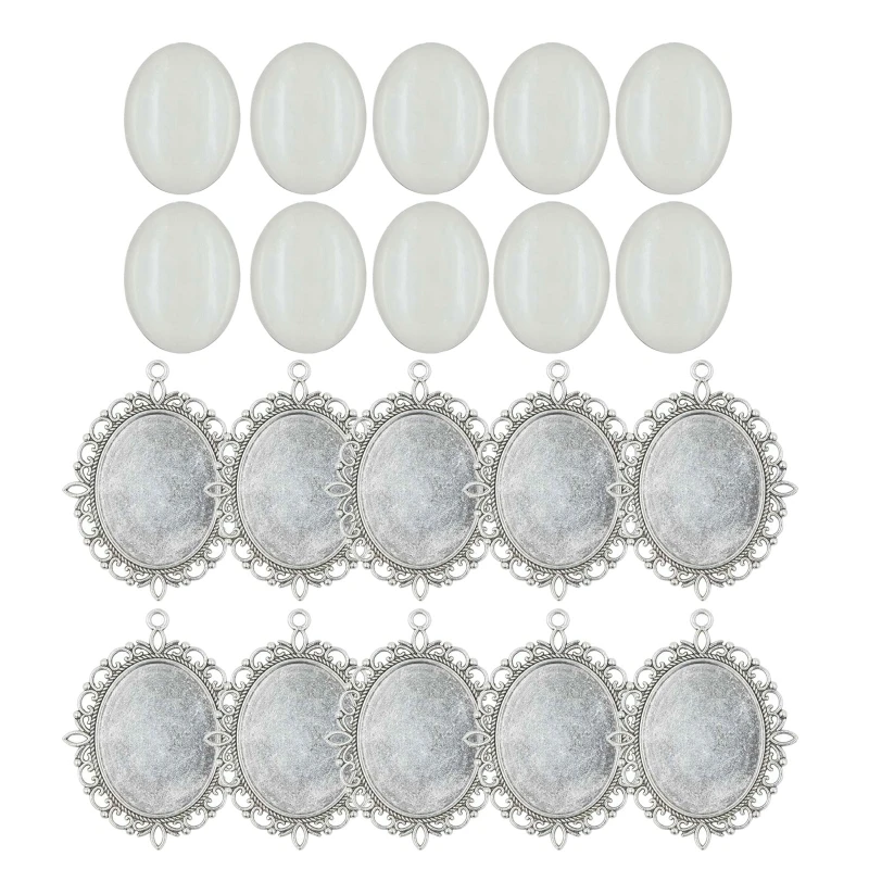 

10 Set Bezel Pendant Trays Oval Bezel Trays Blank Pendant Bases with Glass Cabochons Wedding Bouquet Photo Charms