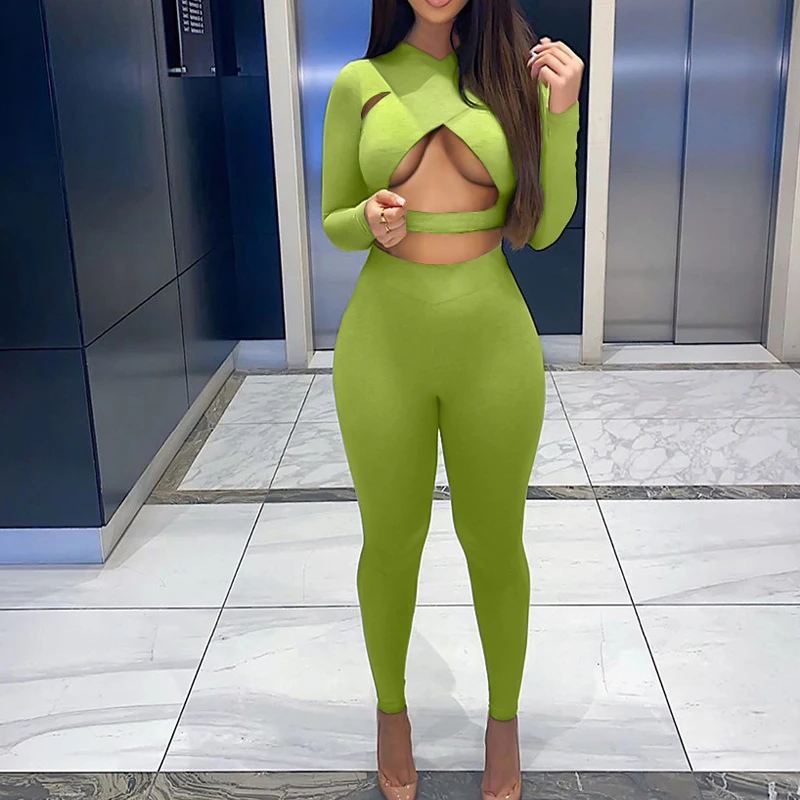 

Женский комплект из двух предметов, однотонный облегающий топ с перекрестными лямками и Стрейчевые брюки, сексуальная праздничная одежда д...