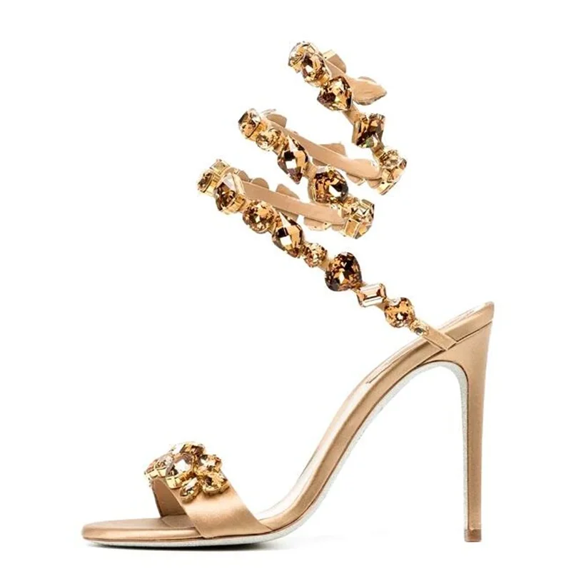 

Luxury Gemstone Snake Shape High Heel Sandals Black Gold Rhinestone Serpentine Wind Celebrating Dress Shoes Size 46