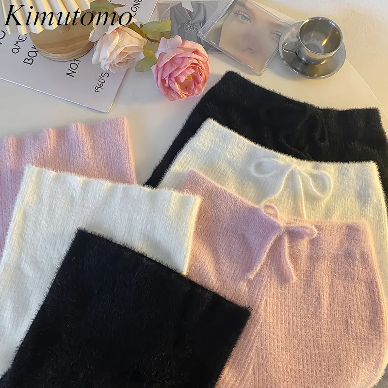 

Kimutomo мягкие однотонные плюшевые прямые брюки с галстуком-бабочкой женские элегантные эластичные широкие брюки с высокой талией