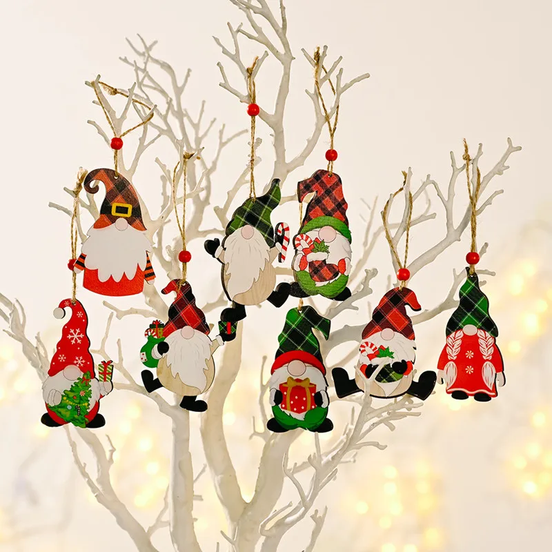 

8pcs/Set New Christmas Decorations Painted Wooden Pendants Christmas Tree Faceless Old Man Pattern Pendant