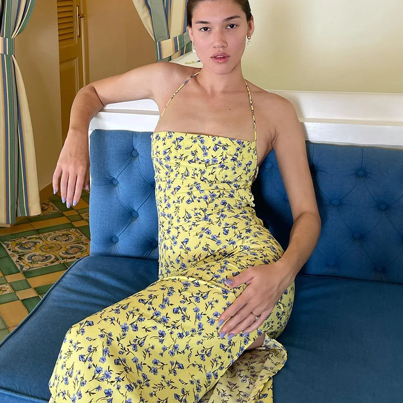 

Женское длинное платье на бретельках, весенне-летнее платье на бретельках с разрезом и открытой спиной