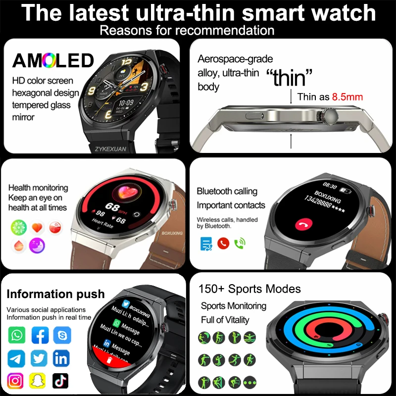 Фото Новые ультратонкие умные часы для мужчин HD AMOLED 150+Sport GPS Track Always Show Time Monitor здоровья BT Call IP68 Водонепроницаемые умные часы №2