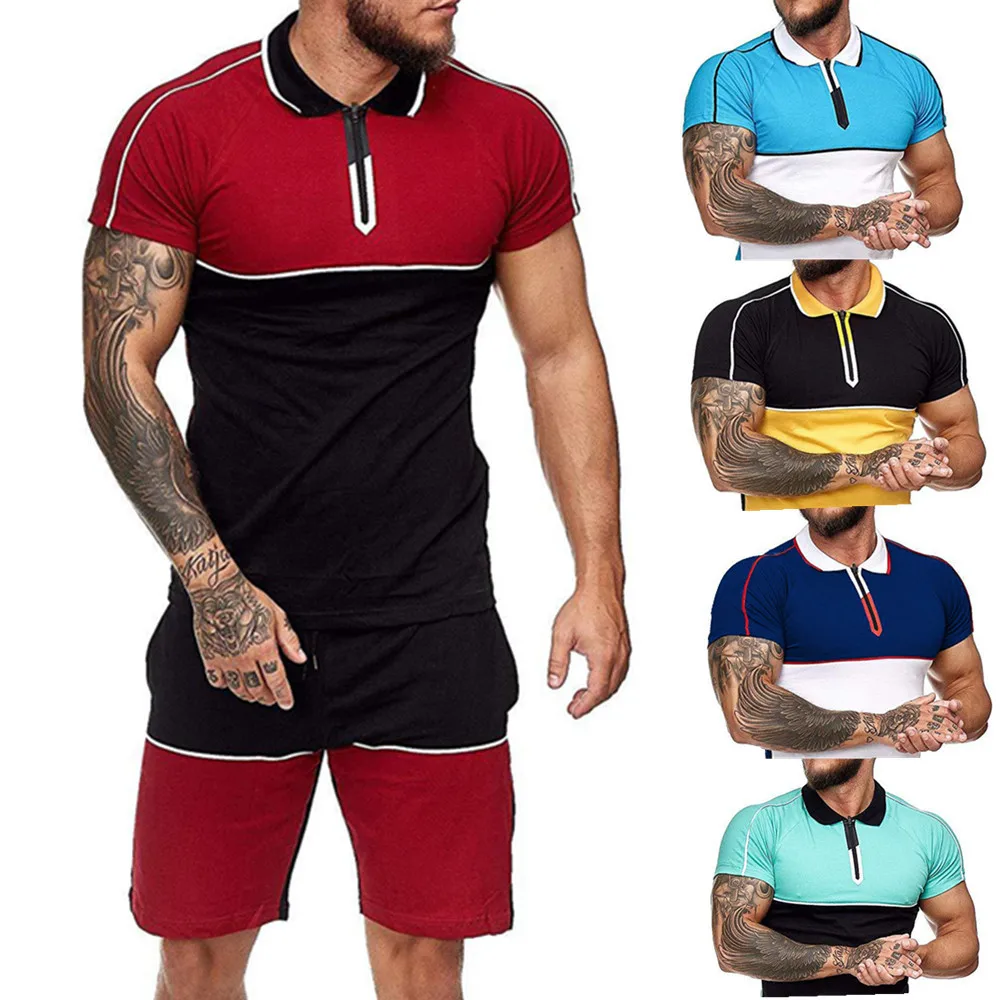2022 summer new men's short-sleeved shorts outdoor sports suit lapel T-shirt fashion casual slim fit color matching fashion