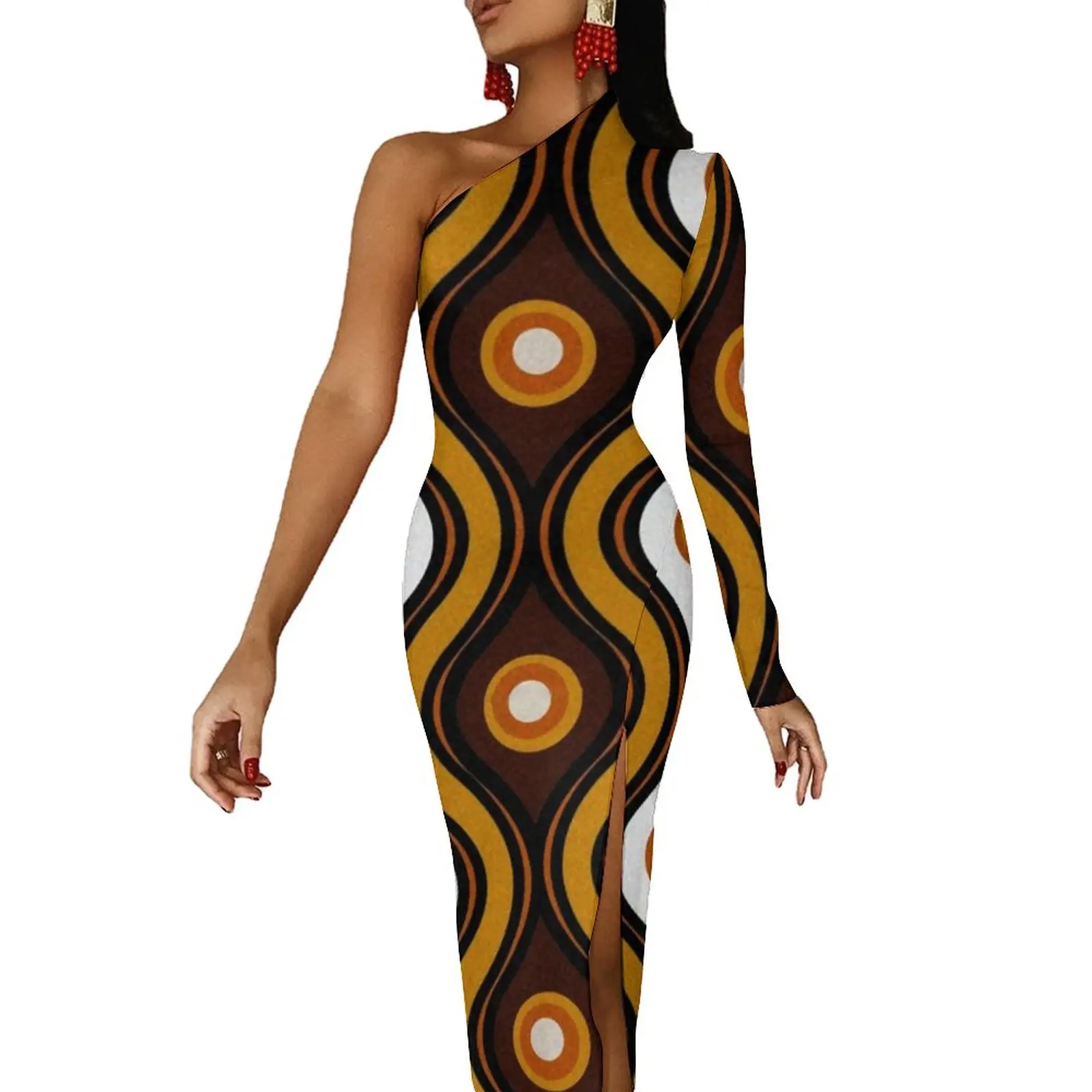 

Retro 70s Style High Slit Bodycon Dress Female Mid-Century Print Elegant Maxi Dress Autumn Long Sleeve Aesthetic Graphic Dresses