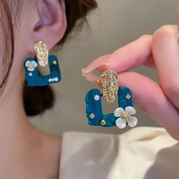 fashion blue geometric earrings women pearl flower luxury 2022 trendy statement zircon crystal