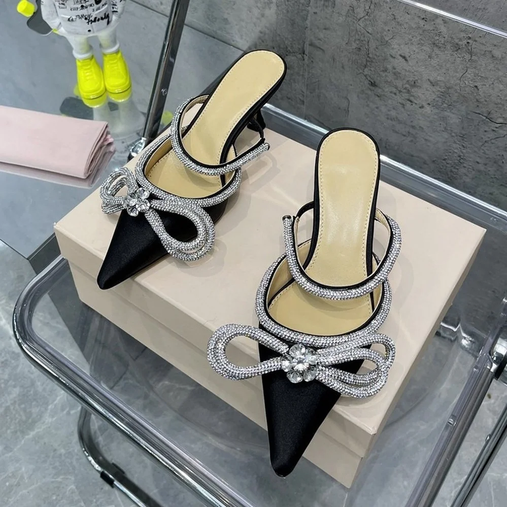 

European and American style 2022 new bow knot pointed high-heeled Baotou slippers for women, wear outside, Muller sandals