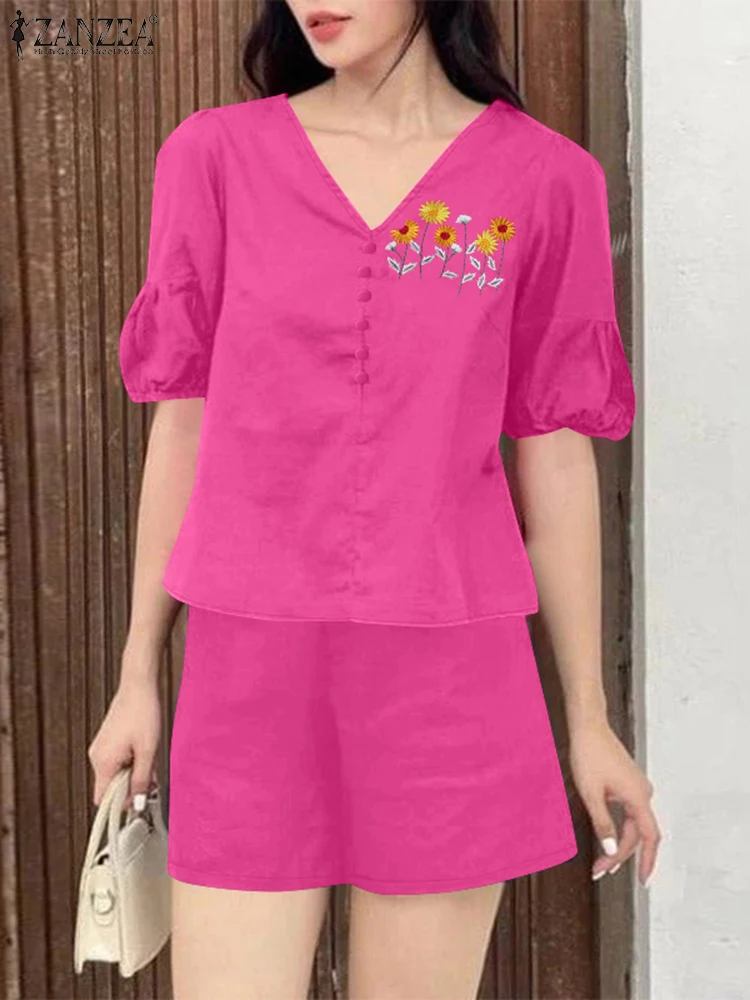 ZANZEA модная блузка с короткими рукавами и вышивкой комплекты брюк летние короткие