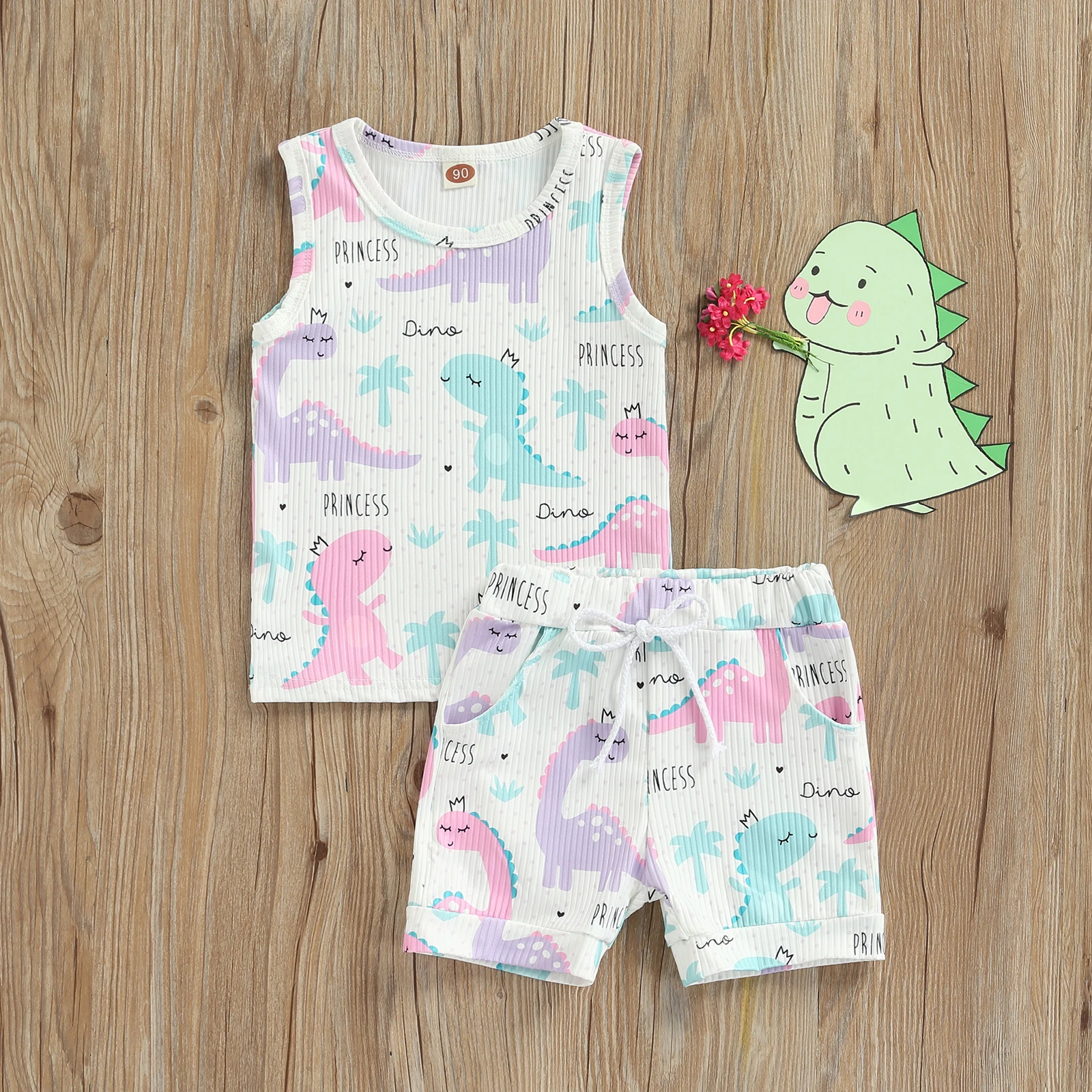 

Summer Toddler Kids Baby Boys Girls Shorts Set Dinosaur Print Vest Elastic Waist Shorts Outfit Clothes Suit