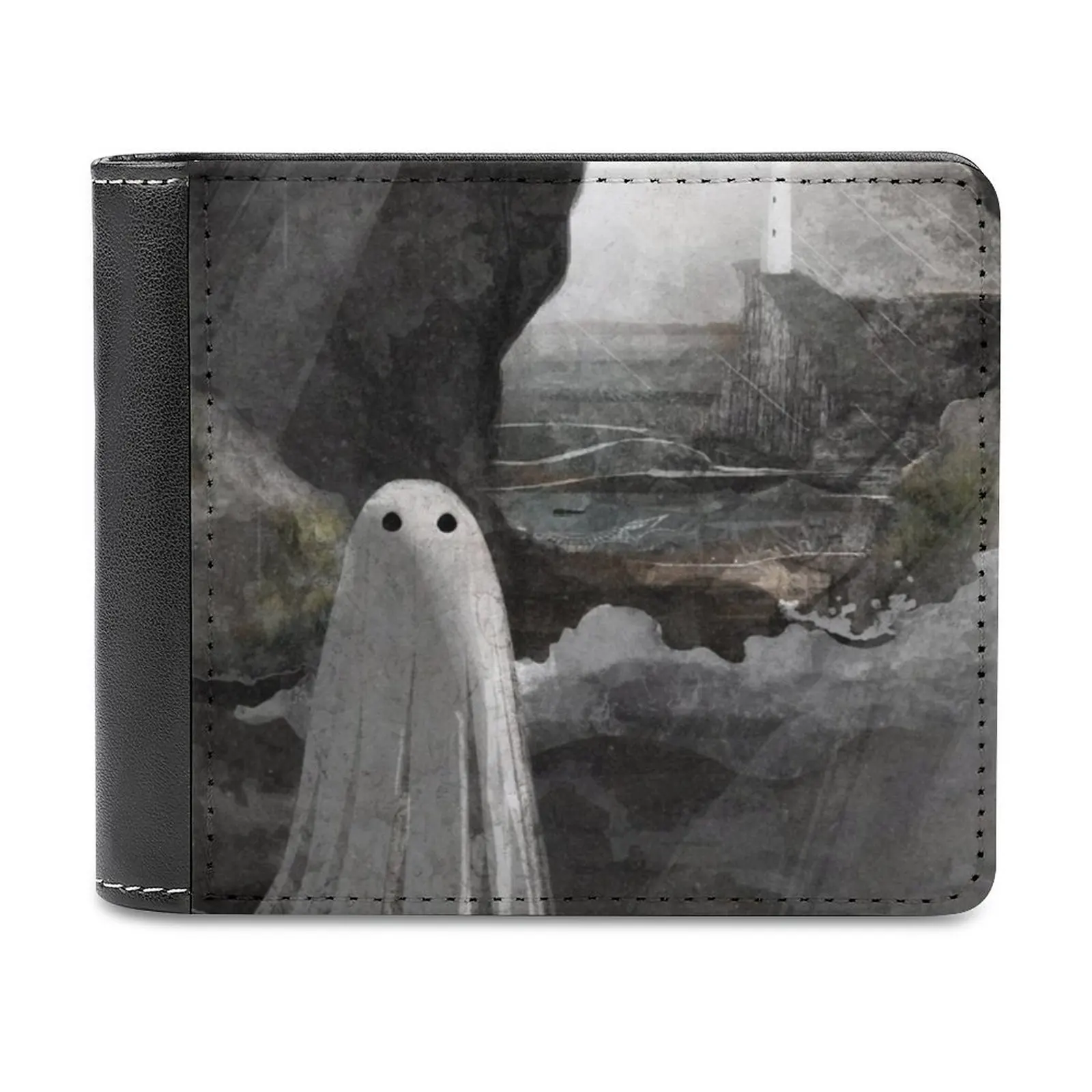 

The Caves Are Haunted Leather Wallet Men Slim Purse Card Holder Wallets Money Bag Ghost Haunt Caves Ocean Rain Lighthouse Light