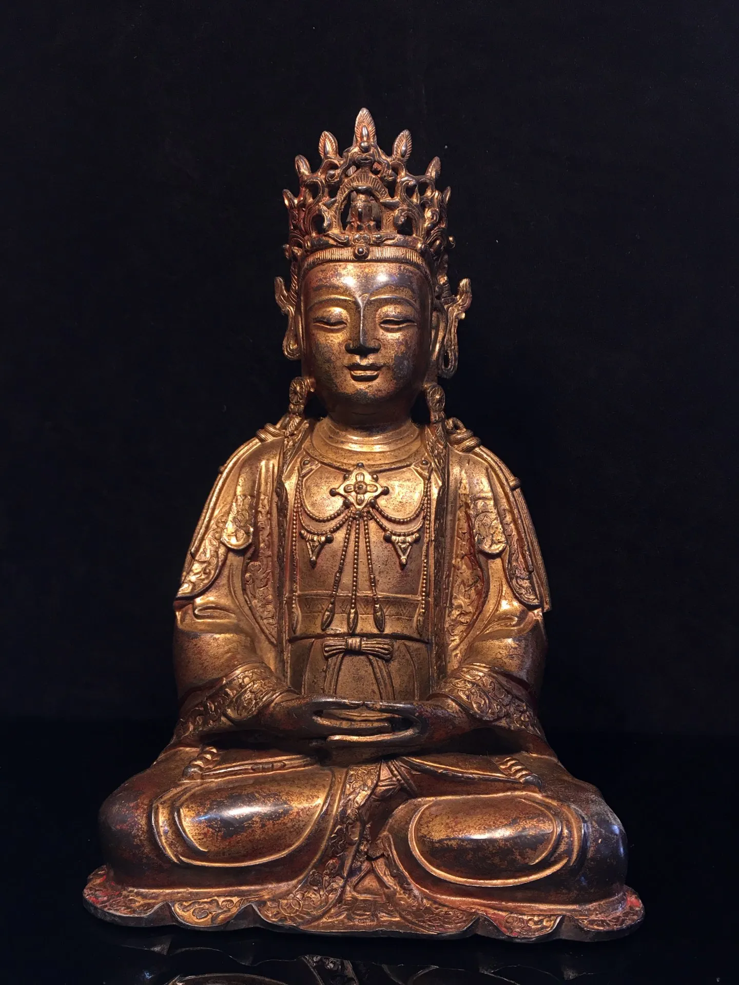 

12"Tibet Temple Collection Old Bronze Gilding Cinnabar Northern Wei Buddha Guanyin Bodhisattva Buddha Amitabha Worship Hall