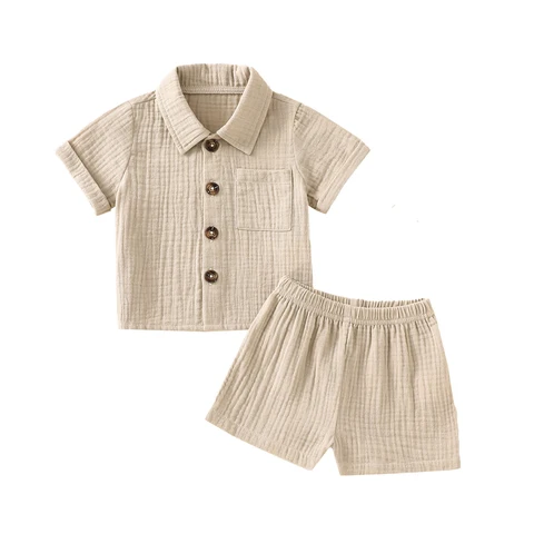 Хлопковый повседневный костюм для маленьких девочек и мальчиков, Однотонная рубашка с коротким рукавом, на пуговицах, с лацканами и шорты, комплект из 2 предметов, детская одежда
