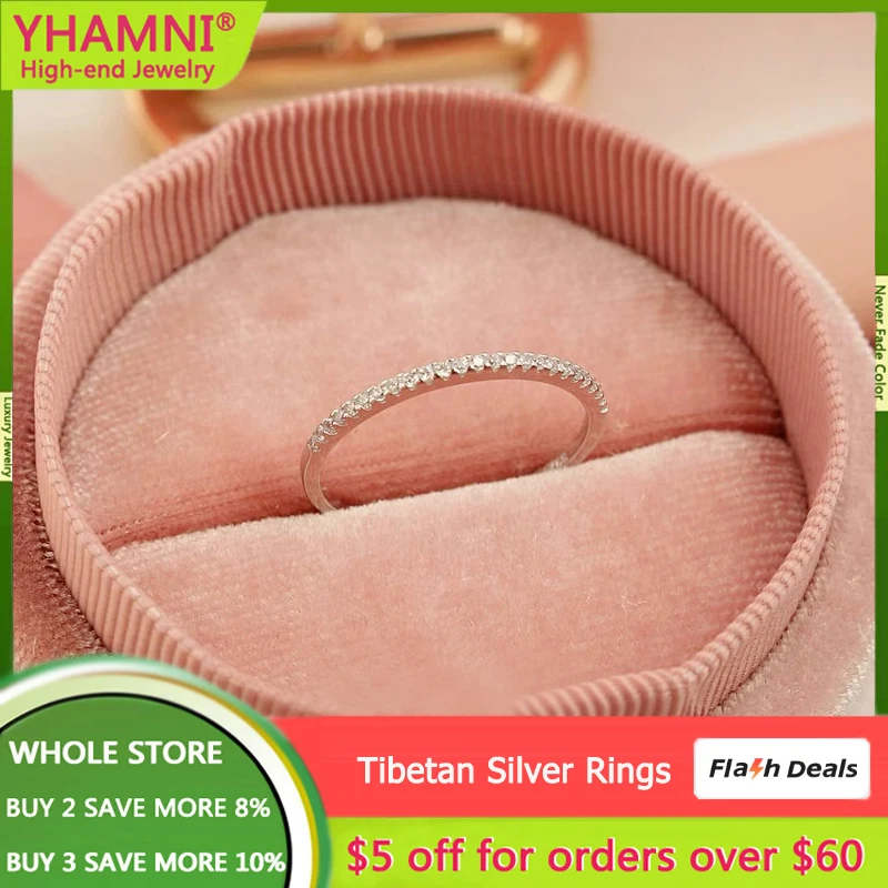 

With Certificate 100% Real Tibetan Silver Jewelry Small Round Imitated Diamond Rings for Women FashionParty Elegant Wedding Band