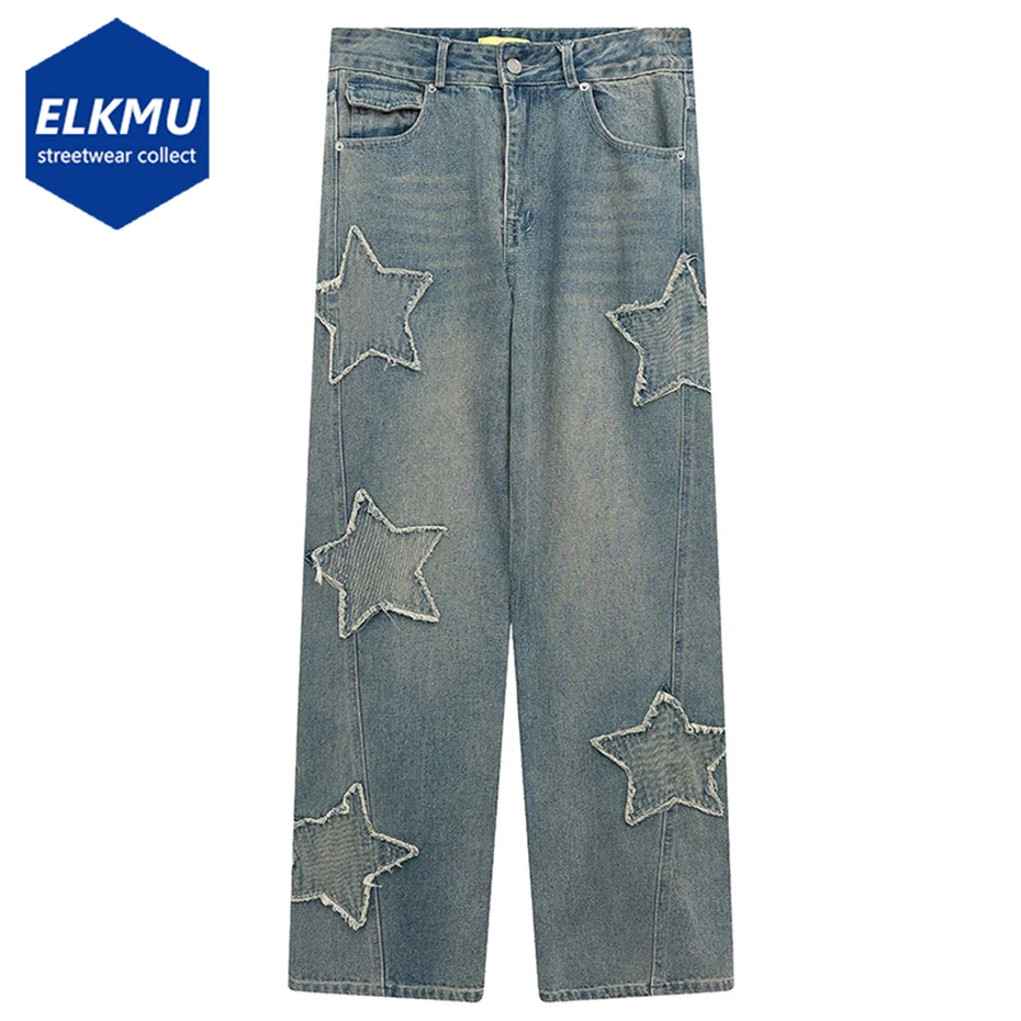 

Fashion Star Splicing Jeans Harajuku Streetwear Loose Straight Denim Pants Men Hip Hop Y2K Jeans Pants Blue Baggy Jeans Trousers